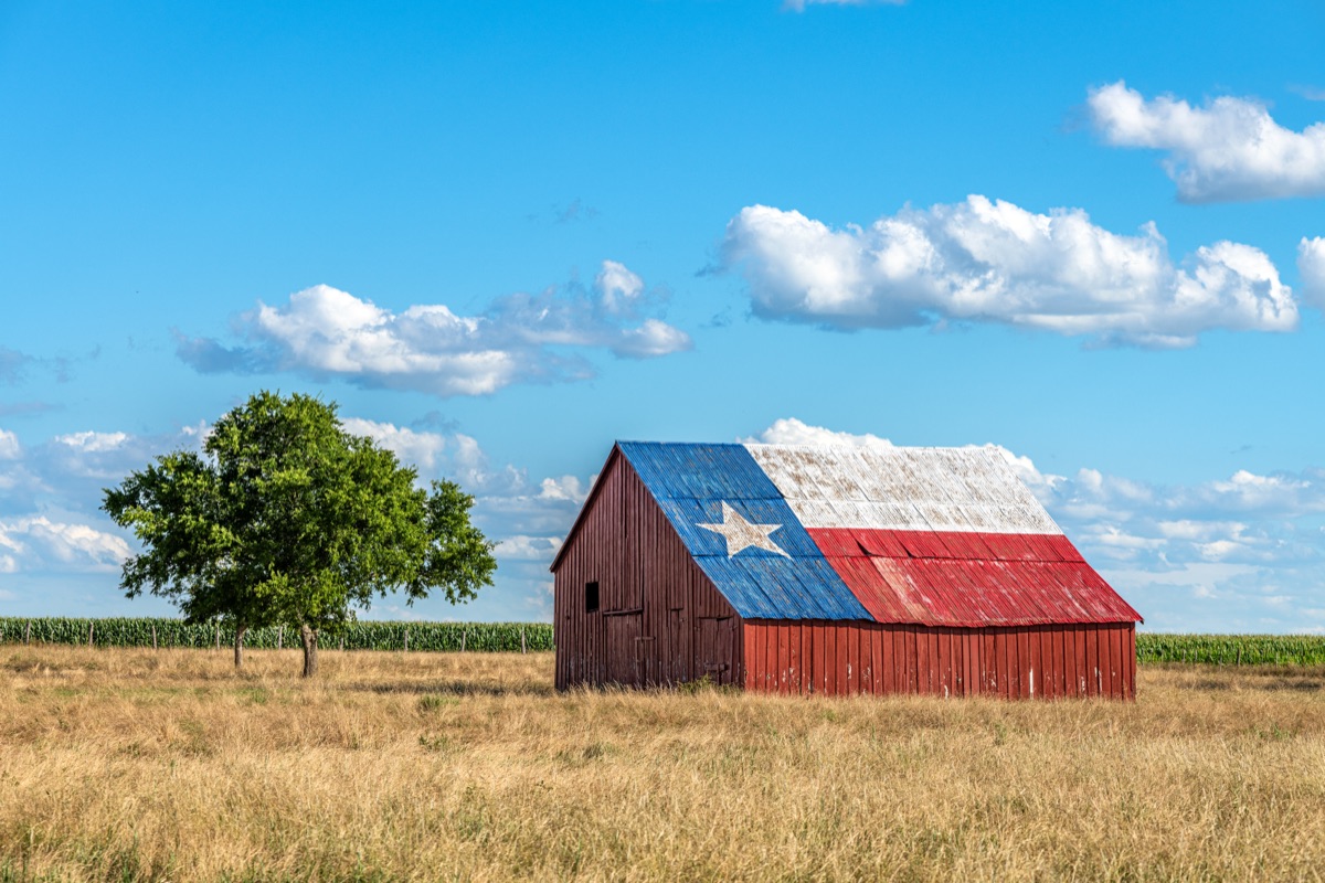 Open Texas acreage with a Texas-flag barn